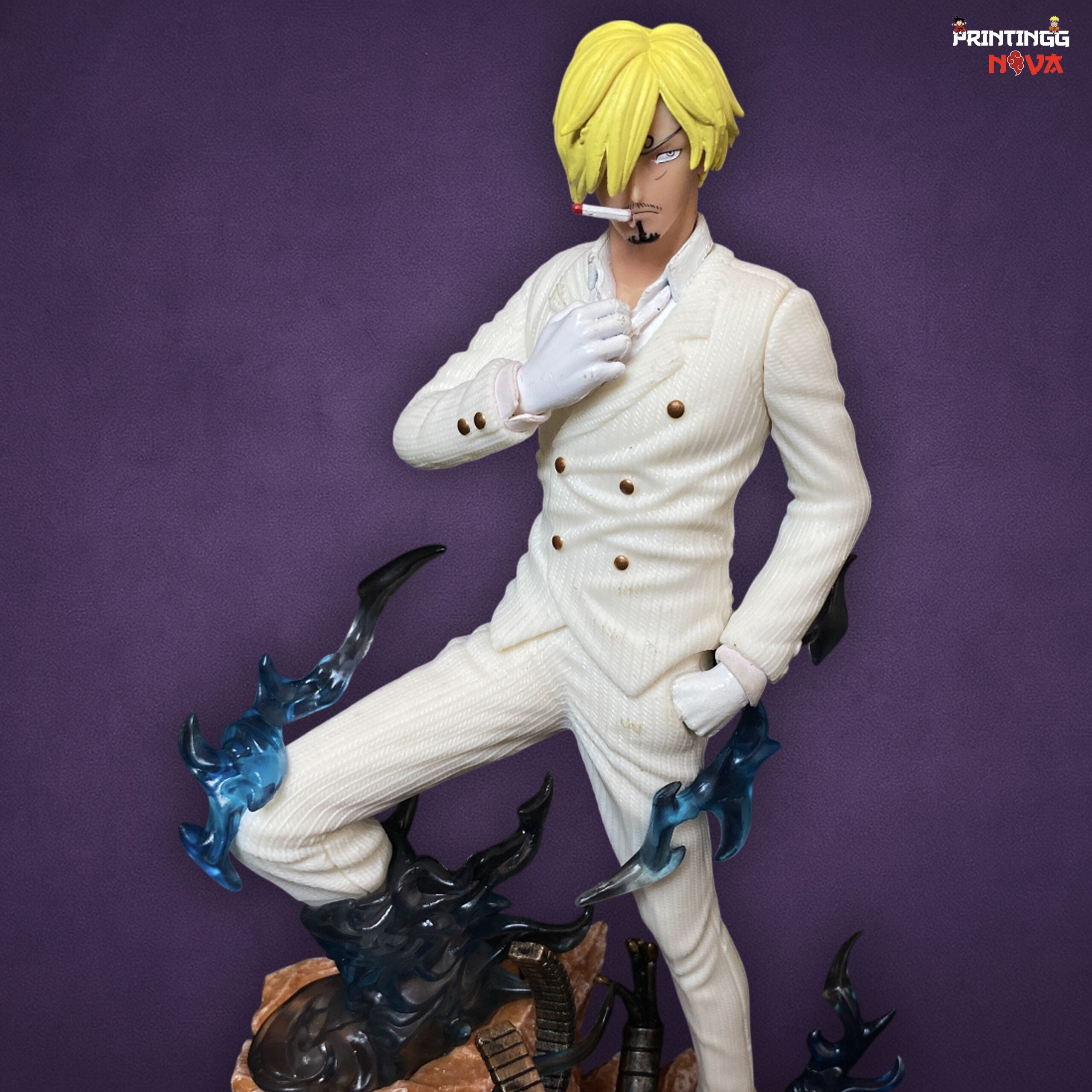 Sanji Fighting Pose With Blue Flames Base & White Dress PVC Action figure [25 cm] || ONE PIECE