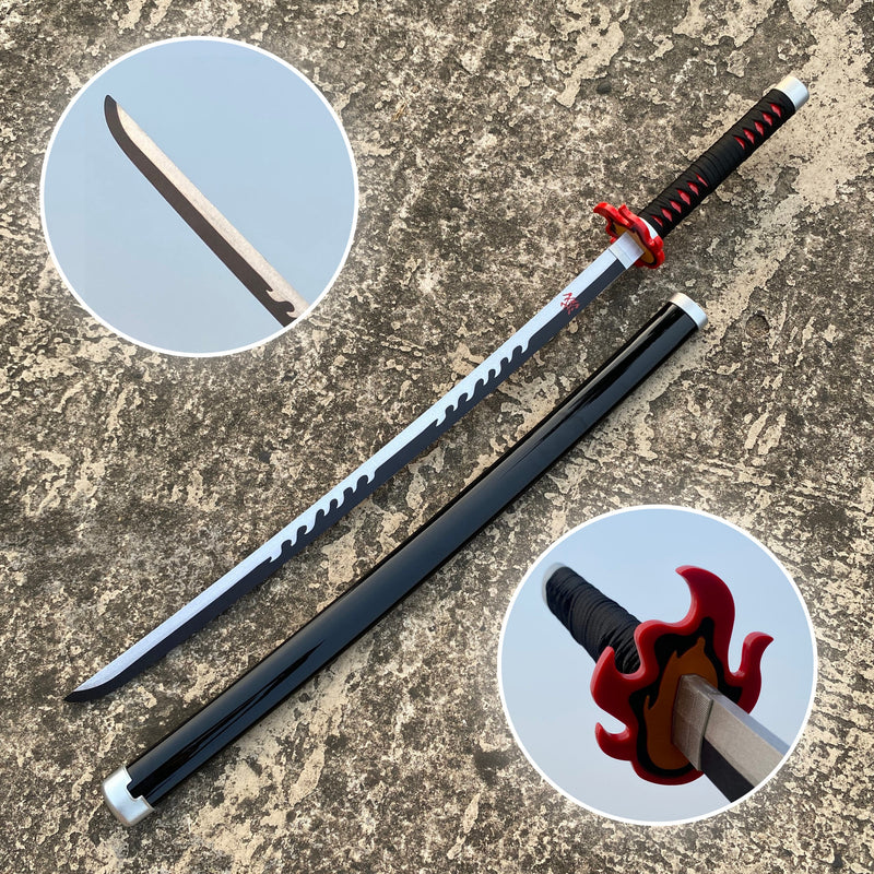 Demon Slayer Tanjiro Fire silver White V2 Cosplay Replica Premium Life Size Wooden Katana [104 CM] || DEMON SLAYER