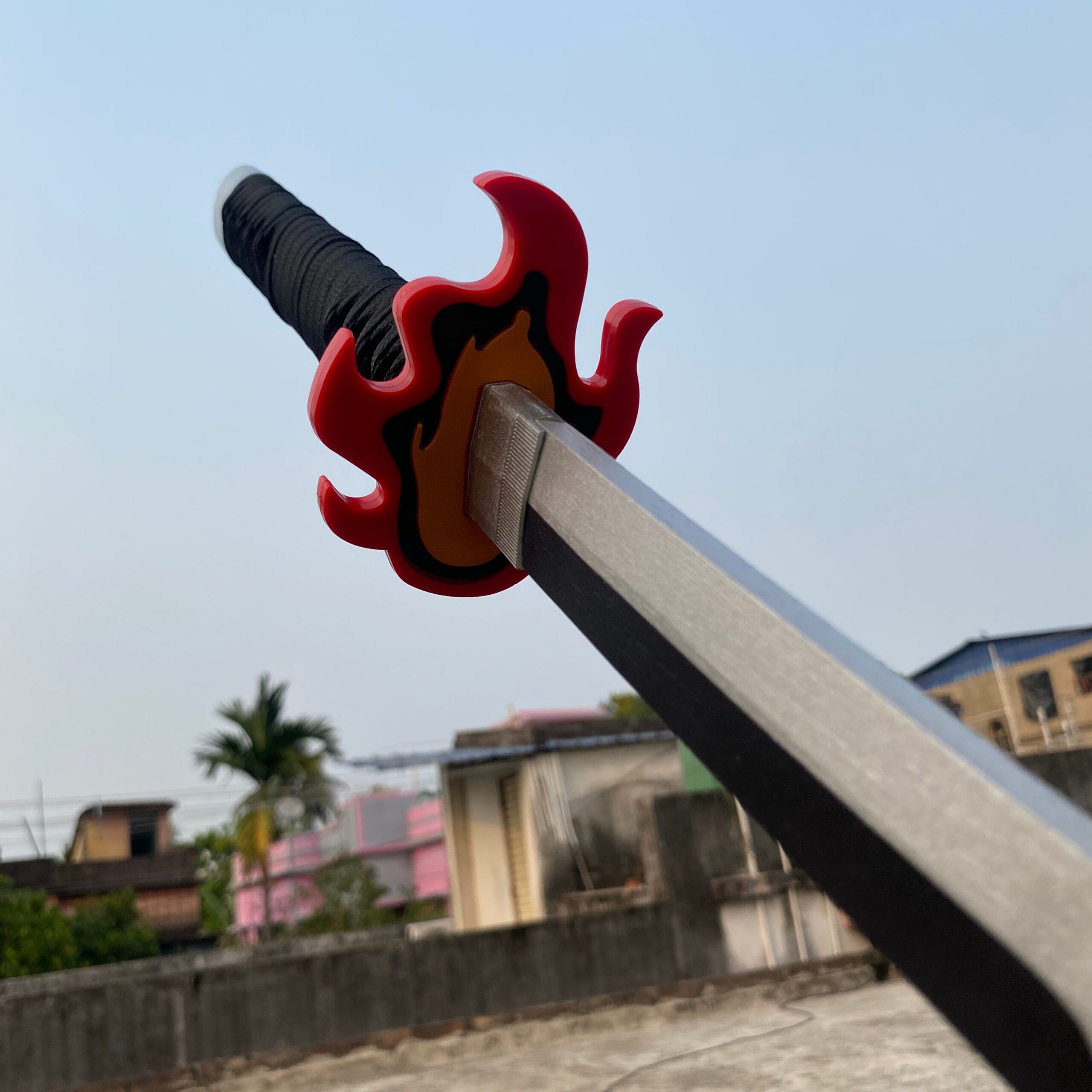 Demon Slayer Tanjiro Fire silver White V2 Cosplay Replica Premium Life Size Wooden Katana [104 CM] || DEMON SLAYER