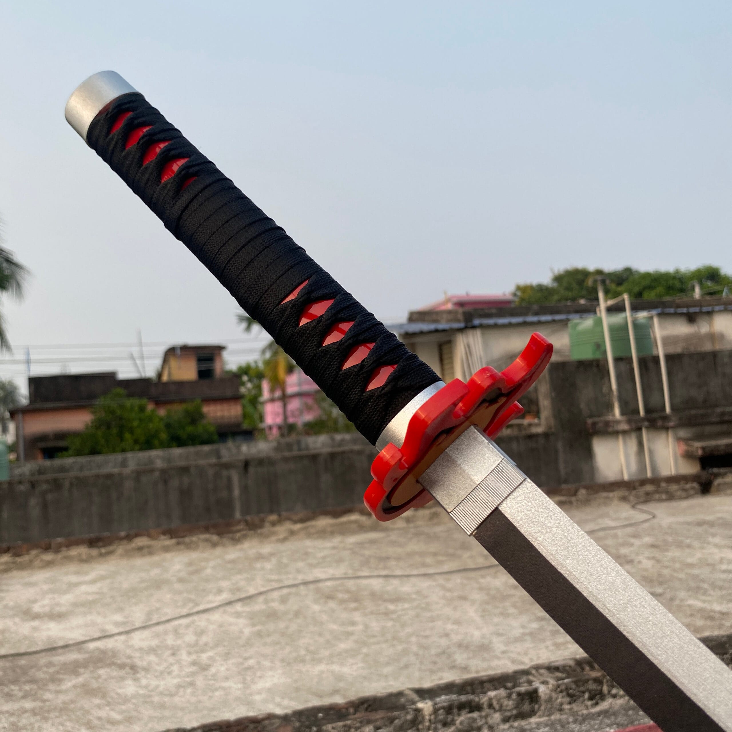 Demon Slayer Tanjiro Fire silver White V2 Cosplay Replica Premium Life Size Wooden Katana [104 CM] || DEMON SLAYER