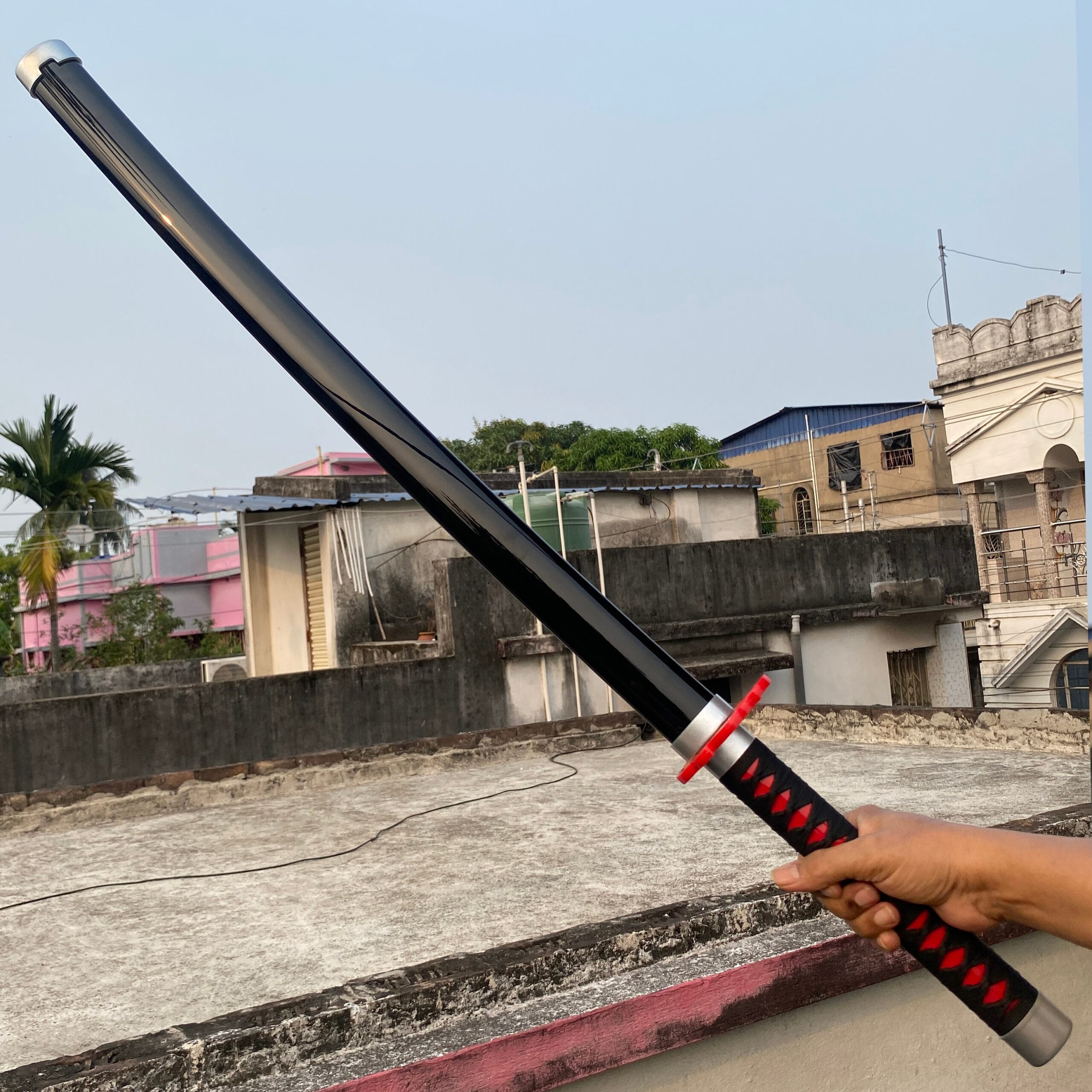 Demon Slayer Tanjiro Fire silver White V2 Cosplay Replica Premium Life Size Wooden Katana [104 CM] || DEMON SLAYER