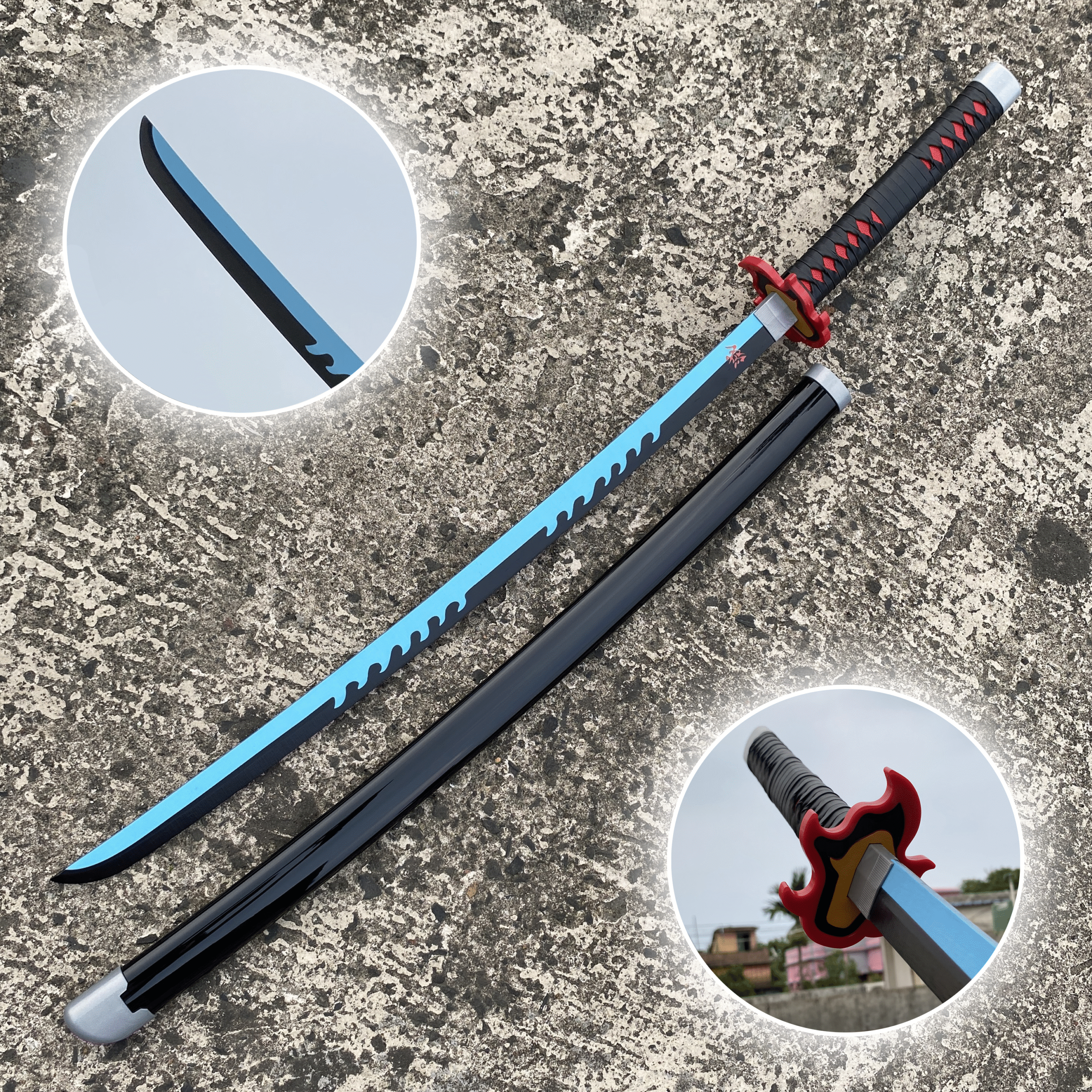 Demon Slayer Tanjiro Fire blue V3 Cosplay Replica Premium Life Size Wooden Katana [104 CM] || DEMON SLAYER