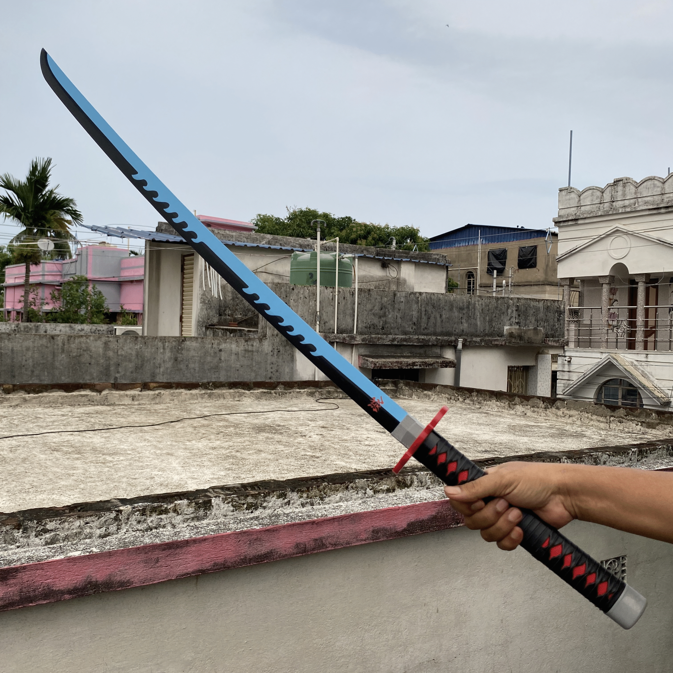 Demon Slayer Tanjiro Fire blue V3 Cosplay Replica Premium Life Size Wooden Katana [104 CM] || DEMON SLAYER