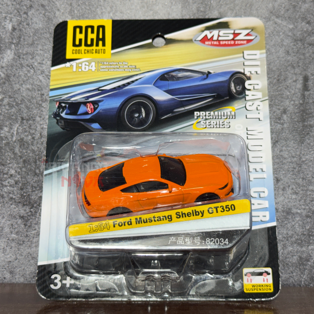 CCA 1:64 Ford Mustang Shelby GT350 Die-Cast Model Car – Premium Series | Working Suspension | Muscle Car Collectible | Orange Edition
