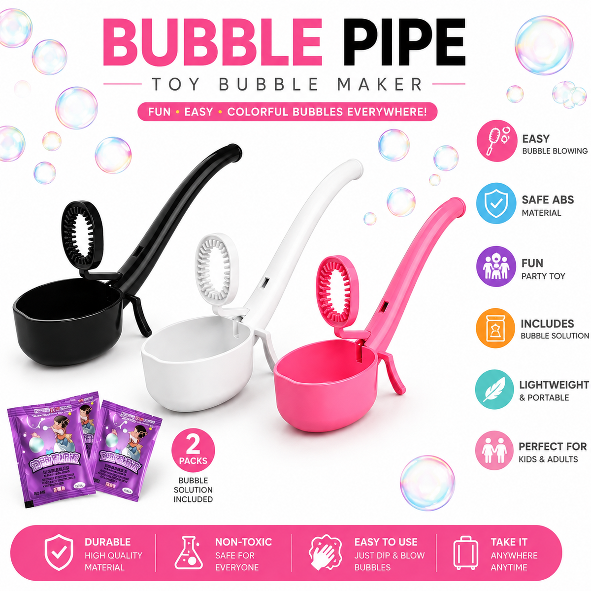 Bubble Sigar Maker | Reusable Bubble Blower with Bubble Solution | Fun Outdoor Party Toy | Black, White & Pink