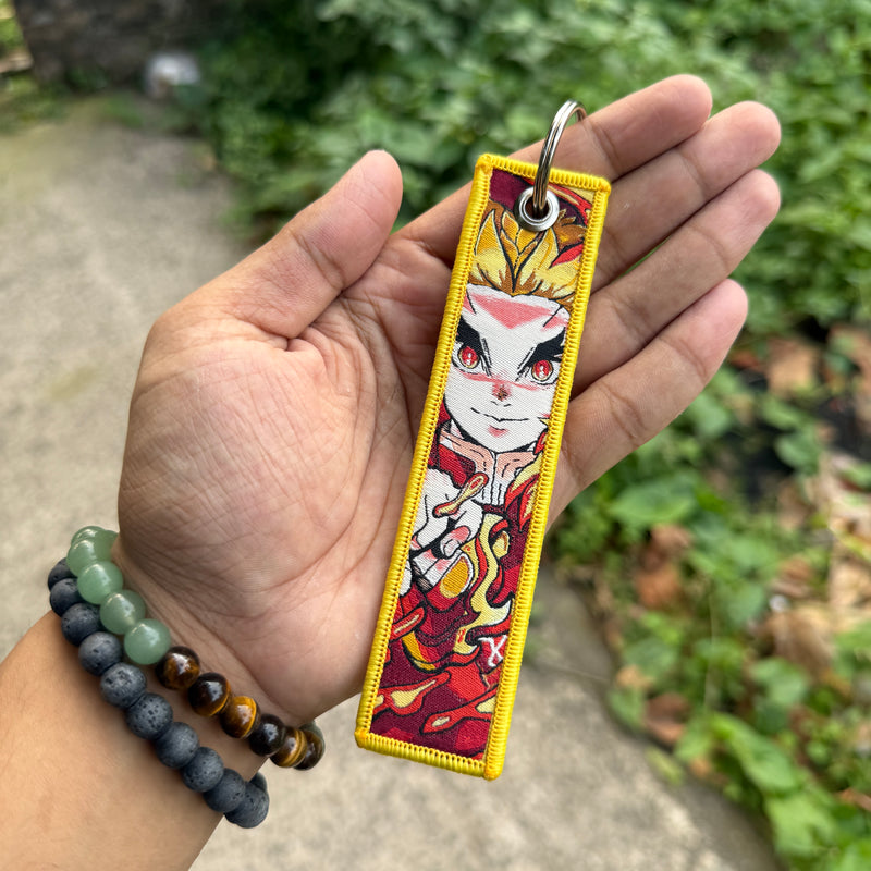 Demon Slayer Kyojuro Rengoku Embroidered Fabric Keychain || Premium Anime Bag Tag & Keyring || DEMON SLAYER