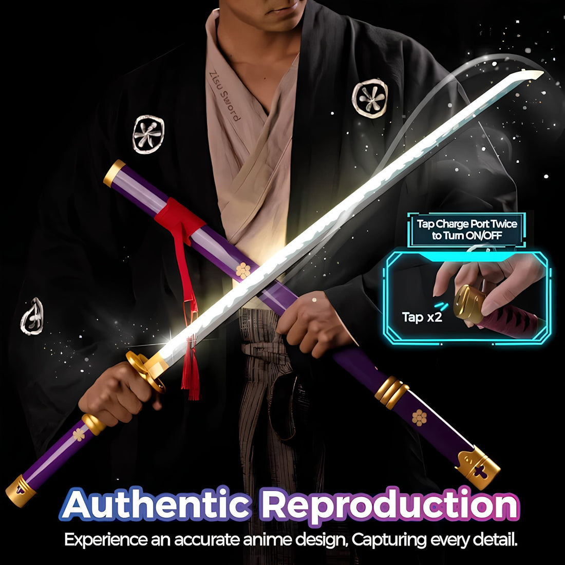 *LED* One Piece Rorono Zoro Yama Enma Purple Cosplay Replica Premium Life Size Led Wooden Katana [104 CM] || ONE PIECE