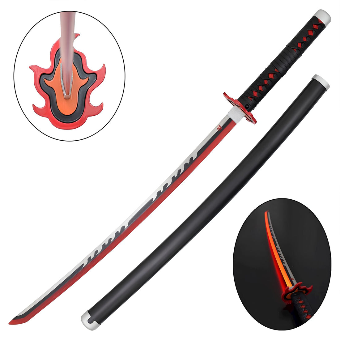 *LED* Demon Slayer Tanjiro Fire Silver White V2 Cosplay Replica Premium Life Size Led Wooden Katana [104 CM] || DEMON SLAYER