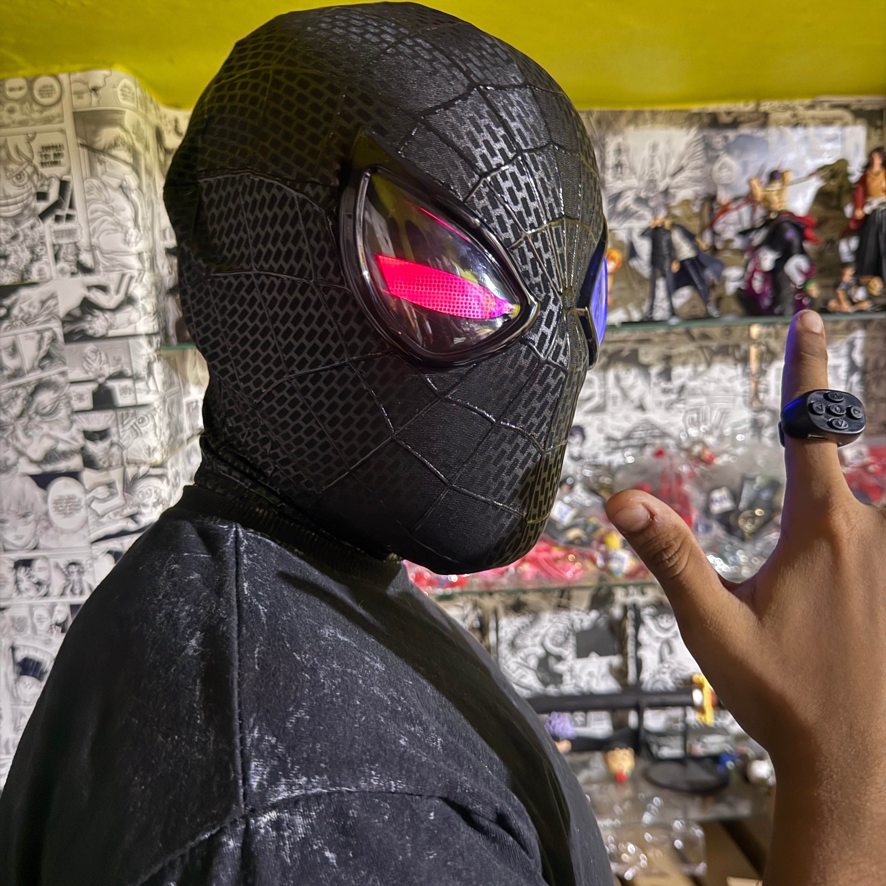 3D The Amazing Spider-Man Rubber Texture BLACK Cosplay Mask with Remote-Controlled Blinking LED Eyes || Breathable Material, Unisex || MARVEL