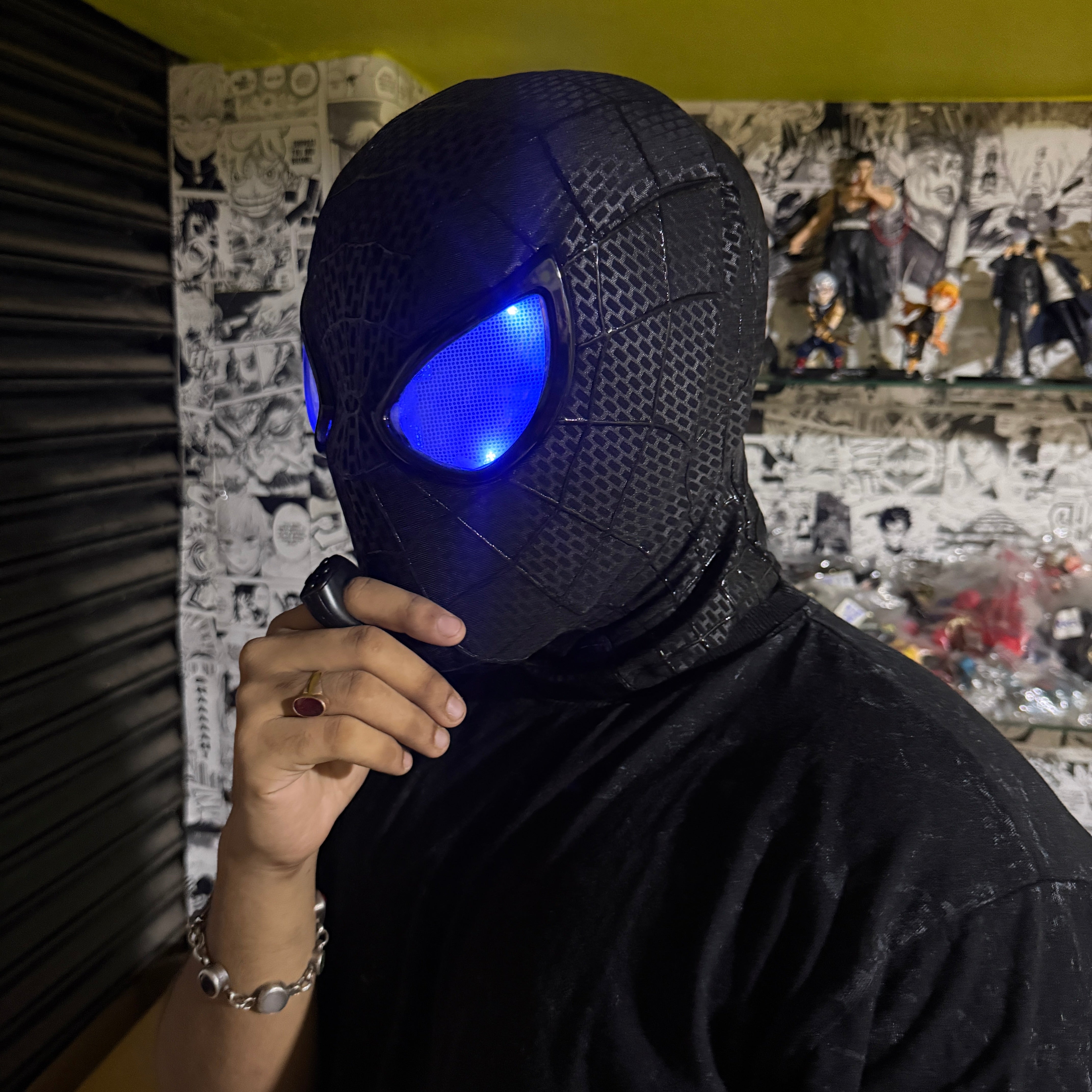 3D The Amazing Spider-Man Rubber Texture BLACK Cosplay Mask with Remote-Controlled Blinking LED Eyes || Breathable Material, Unisex || MARVEL