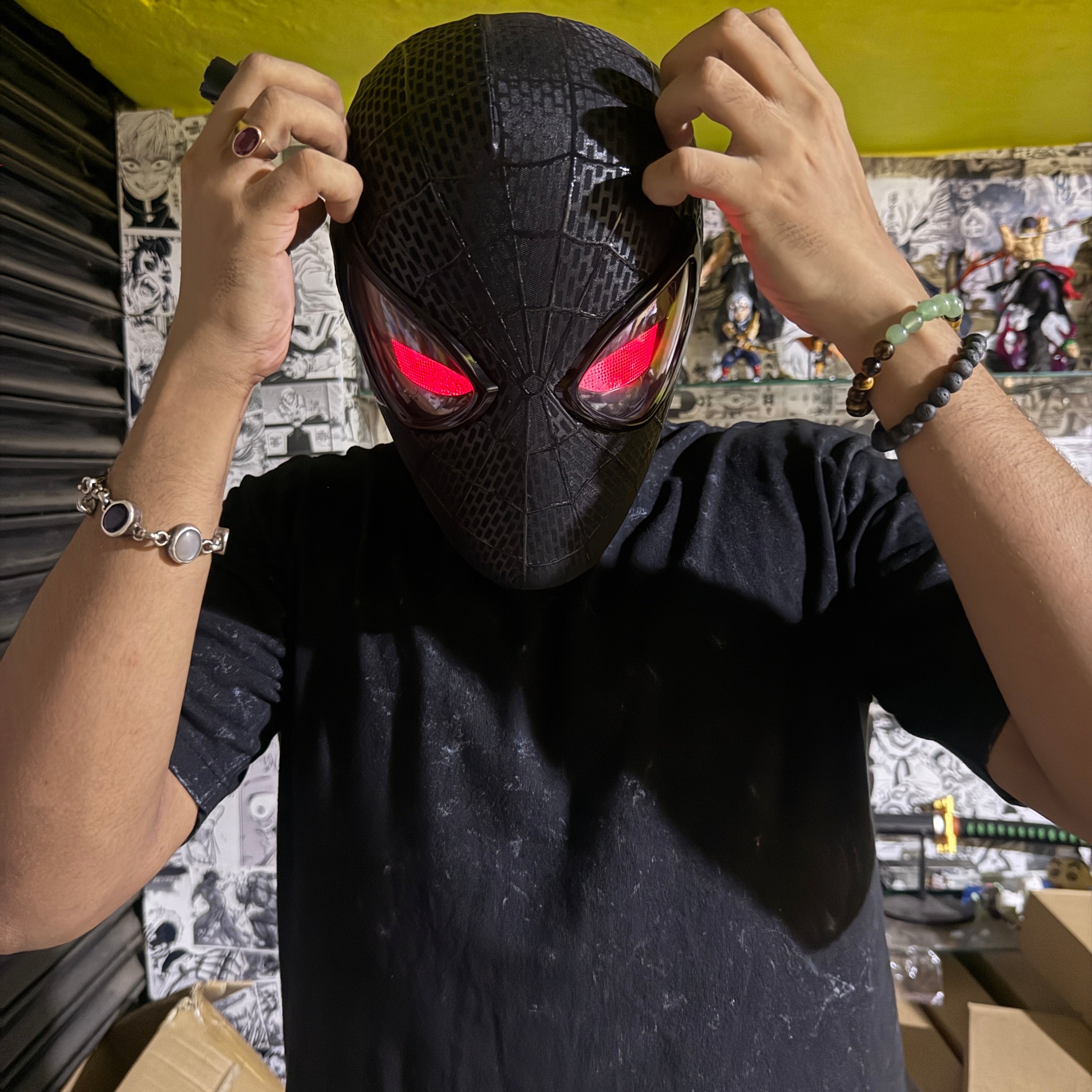 3D The Amazing Spider-Man Rubber Texture BLACK Cosplay Mask with Remote-Controlled Blinking LED Eyes || Breathable Material, Unisex || MARVEL