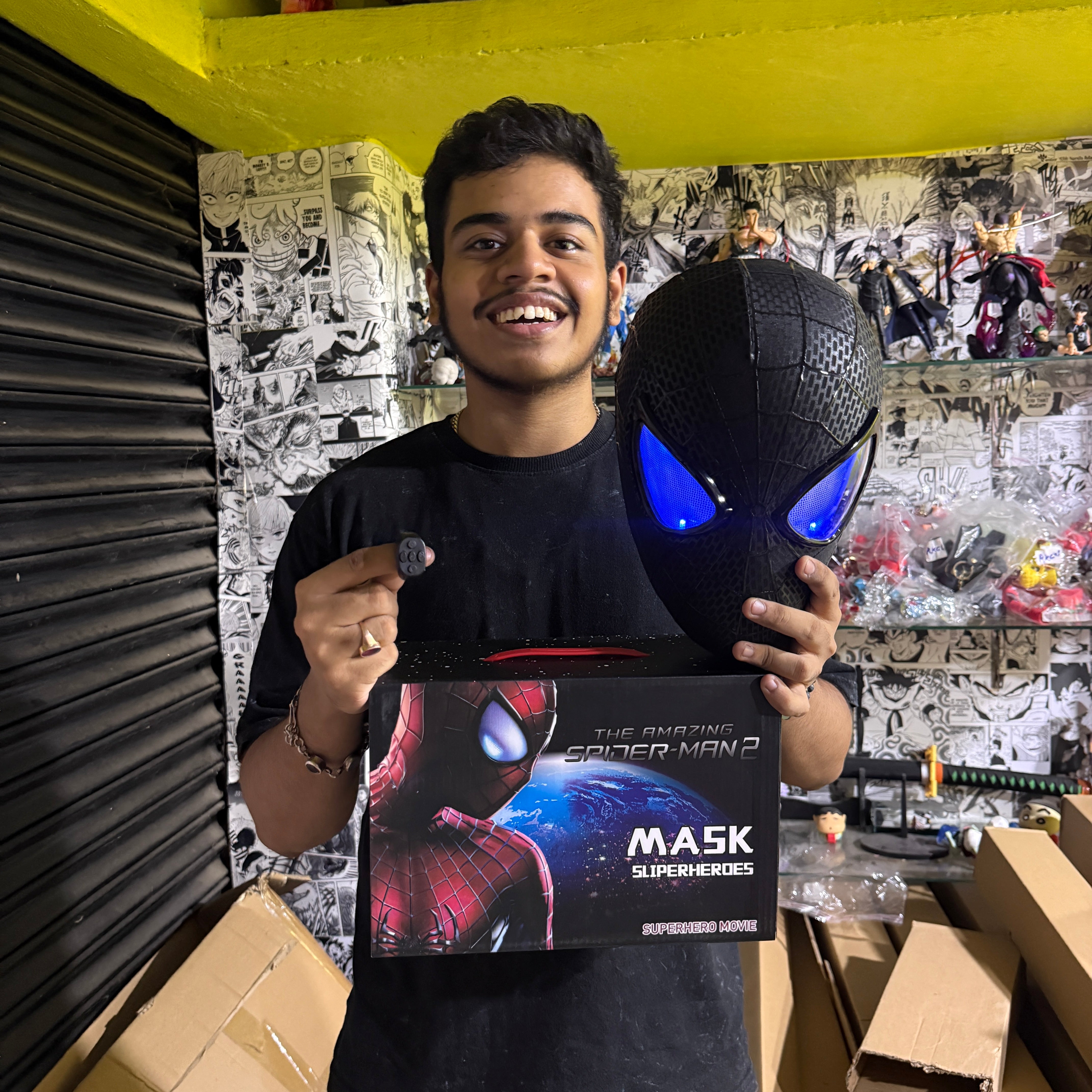 3D The Amazing Spider-Man Rubber Texture BLACK Cosplay Mask with Remote-Controlled Blinking LED Eyes || Breathable Material, Unisex || MARVEL