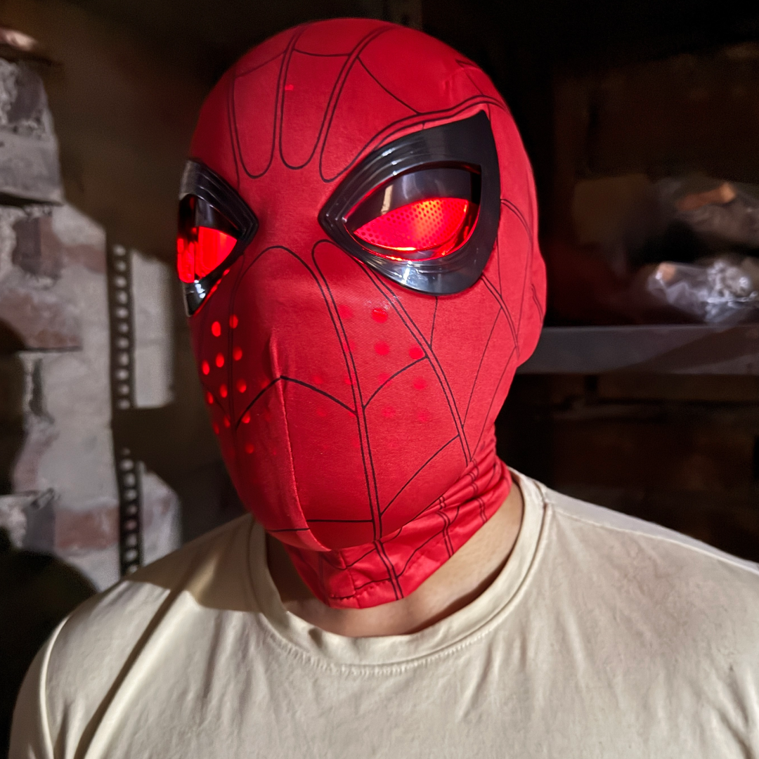 Spider-Man RED Mask with Touch-Activated LED Eyes Cosplay, Mechanical Moving Eyes || Breathable Material, Unisex || MARVEL