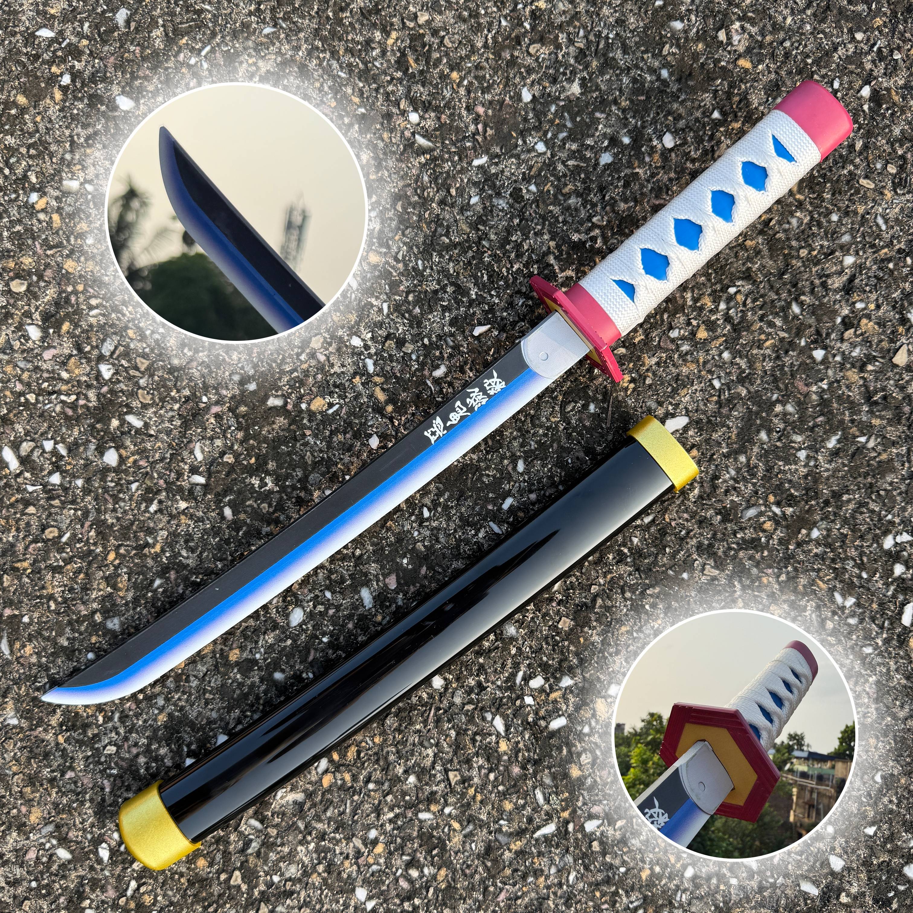 Demon Slayer Giyu Tomioka Nichirin Cosplay Replica Medium Size Wooden Katana With Free Stand [42 CM] || DEMON SLAYER