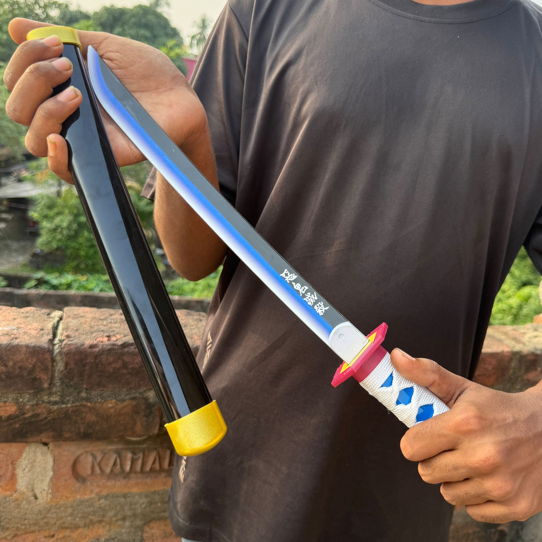 Demon Slayer Giyu Tomioka Nichirin Cosplay Replica Medium Size Wooden Katana With Free Stand [42 CM] || DEMON SLAYER