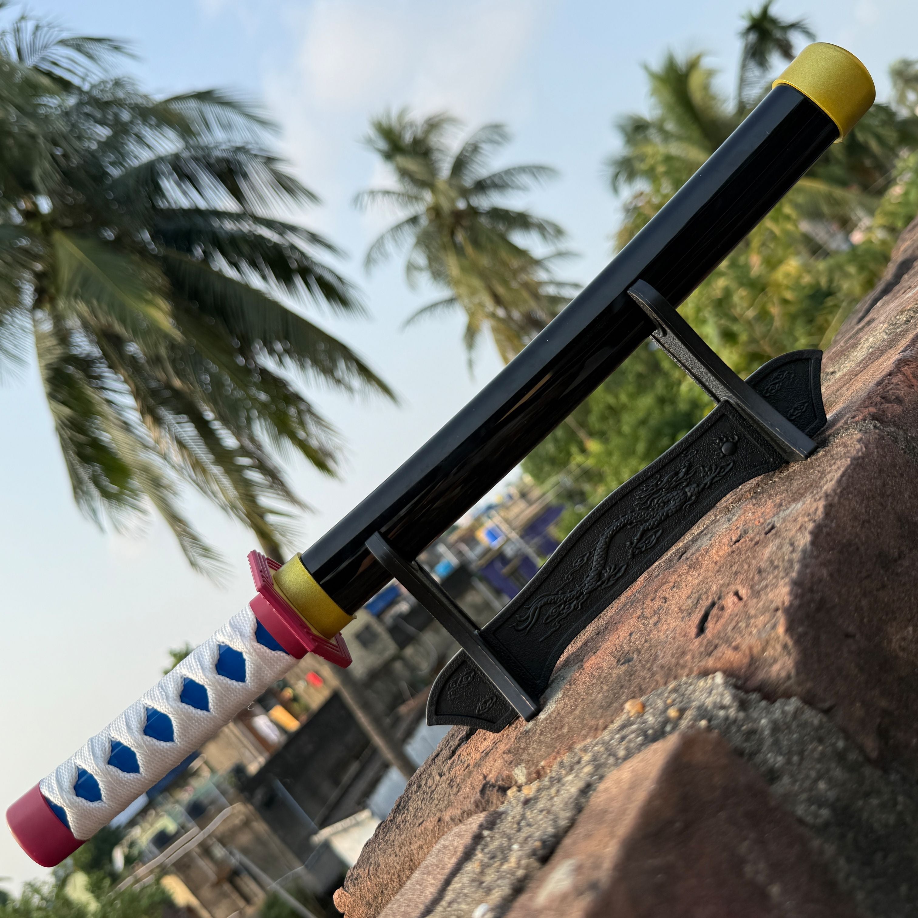 Demon Slayer Giyu Tomioka Nichirin Cosplay Replica Medium Size Wooden Katana With Free Stand [42 CM] || DEMON SLAYER