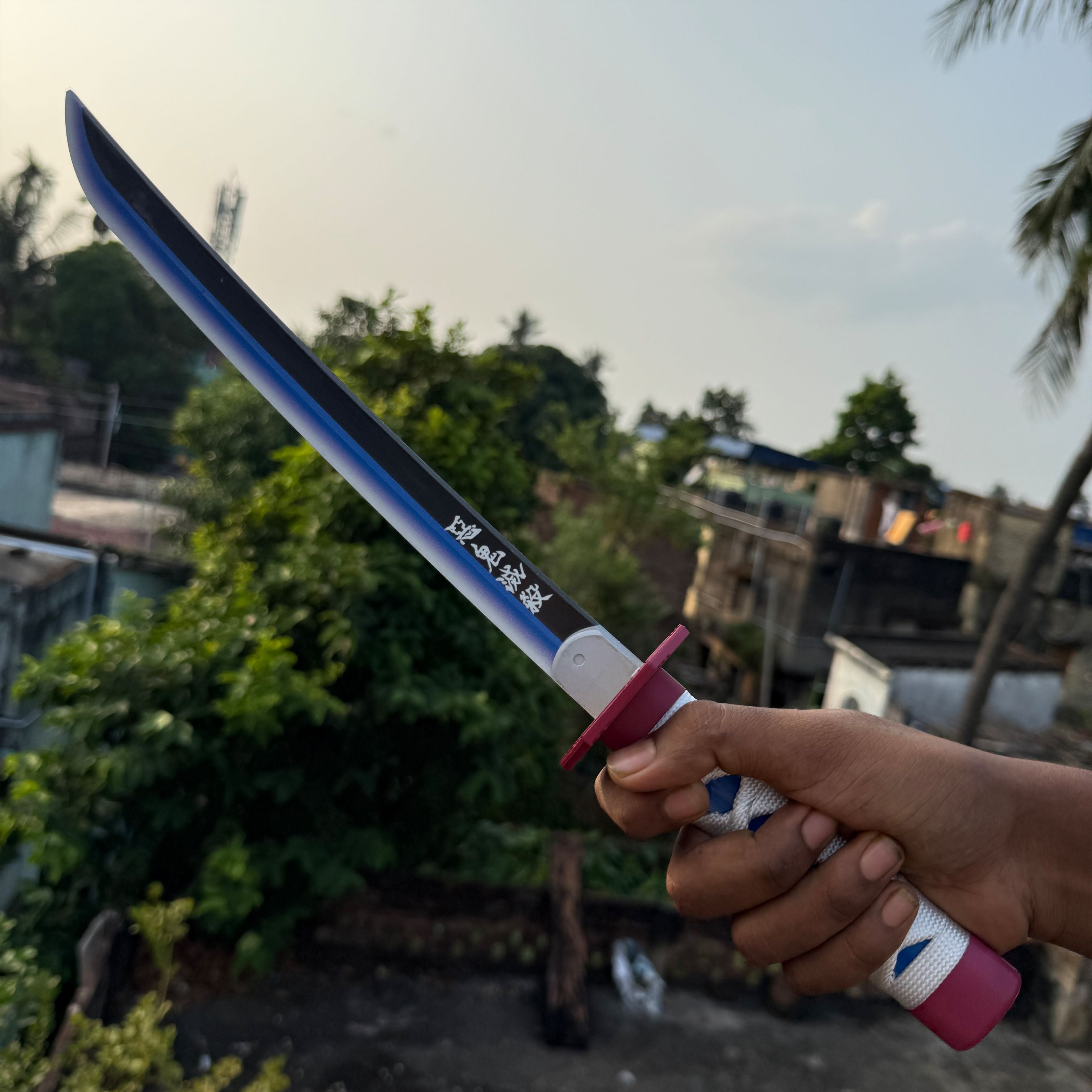 Demon Slayer Giyu Tomioka Nichirin Cosplay Replica Medium Size Wooden Katana With Free Stand [42 CM] || DEMON SLAYER