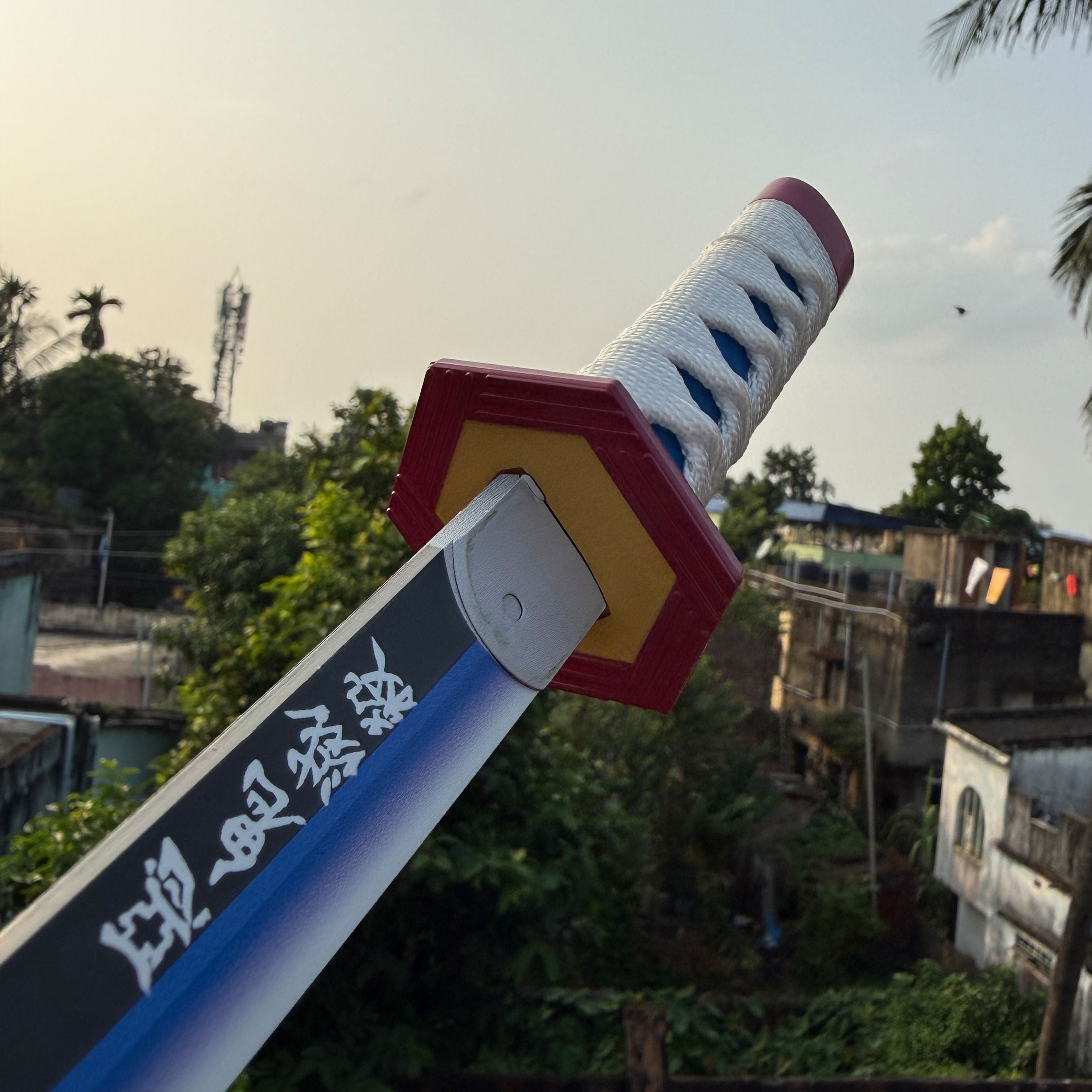 Demon Slayer Giyu Tomioka Nichirin Cosplay Replica Medium Size Wooden Katana With Free Stand [42 CM] || DEMON SLAYER