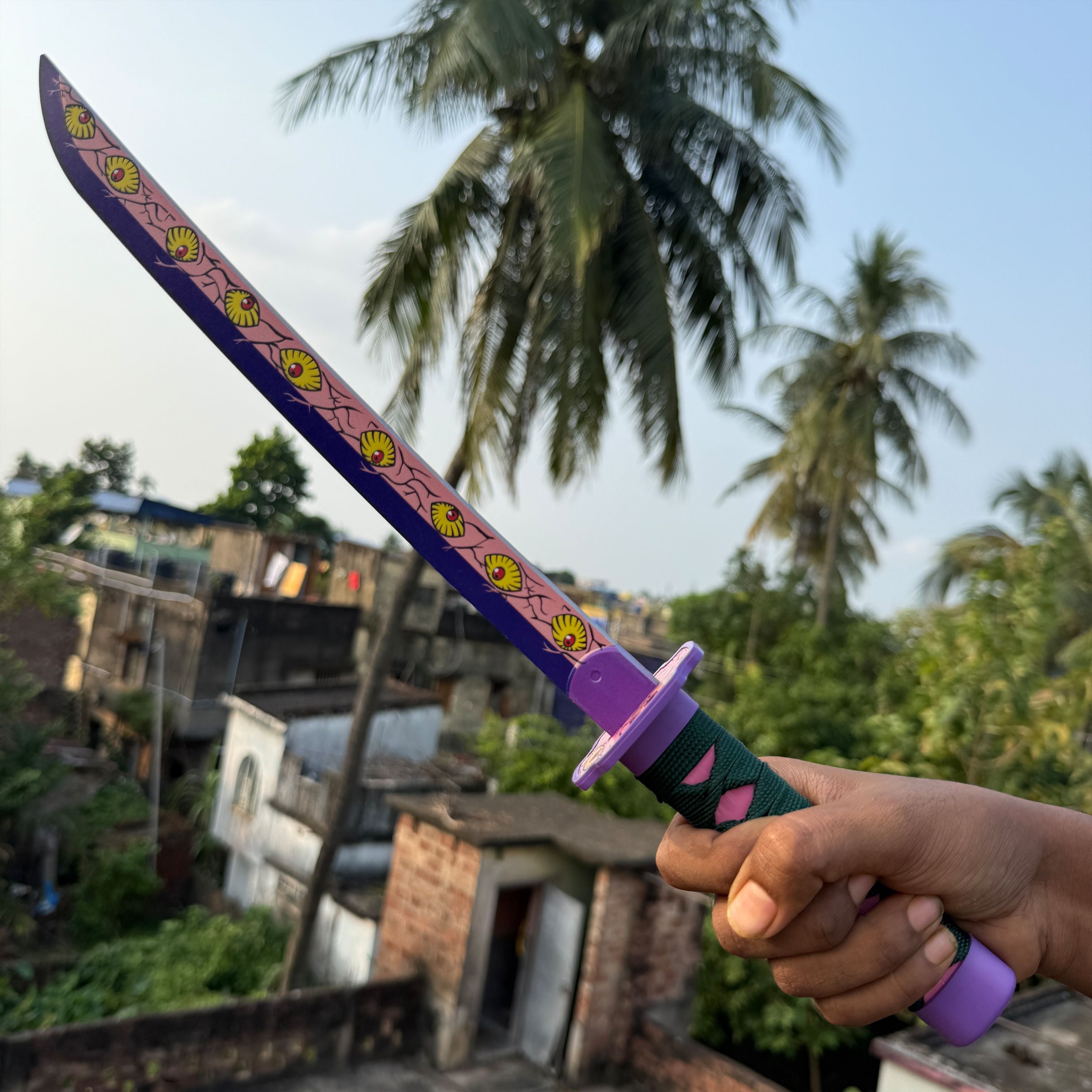 Demon Slayer Kokushibou Cosplay Replica Medium Size Wooden Katana With Free Stand [42 CM] || DEMON SLAYER