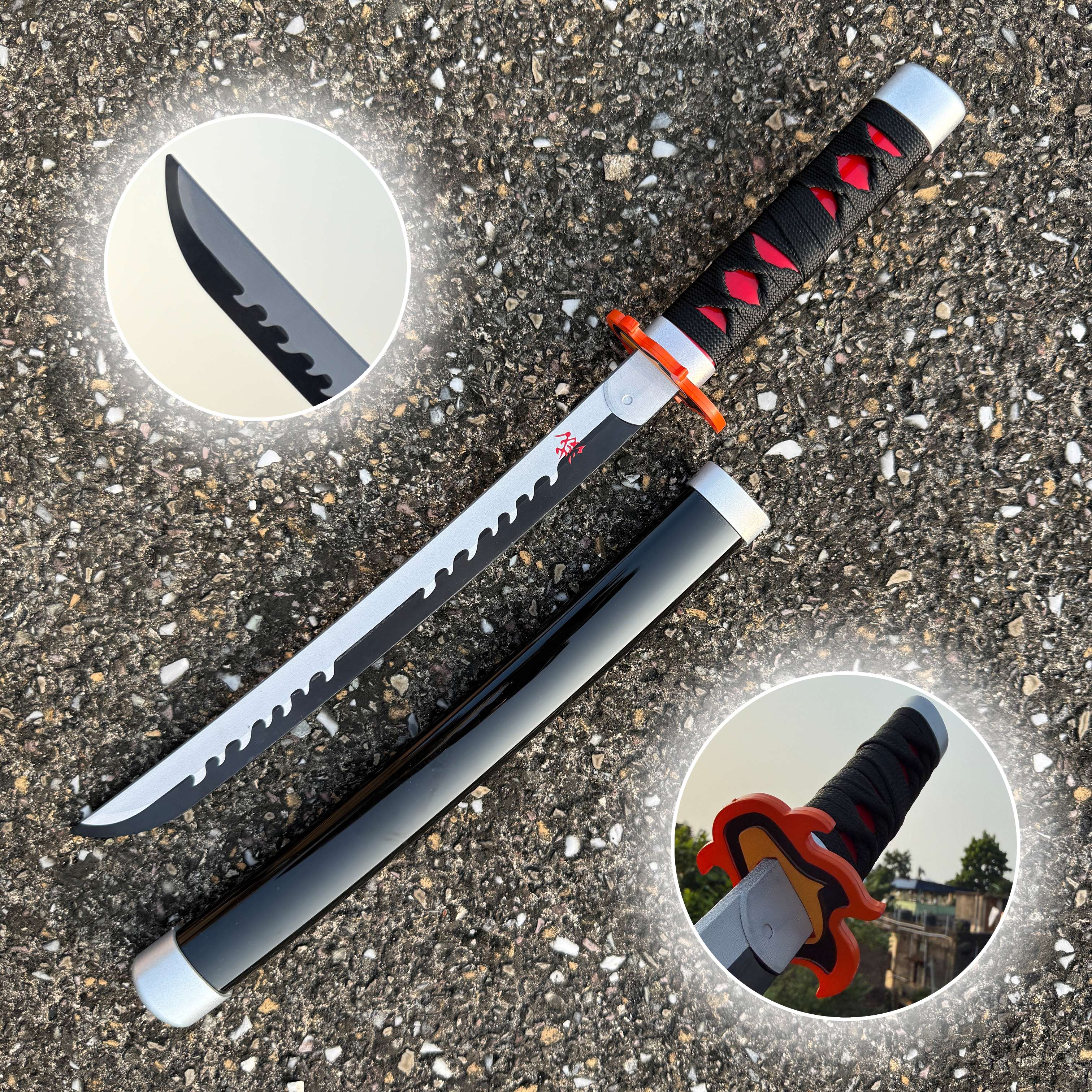 Demon Slayer Tanjiro Kamado Cosplay Replica Medium Size Wooden Katana With Free Stand [42 CM] || DEMON SLAYER