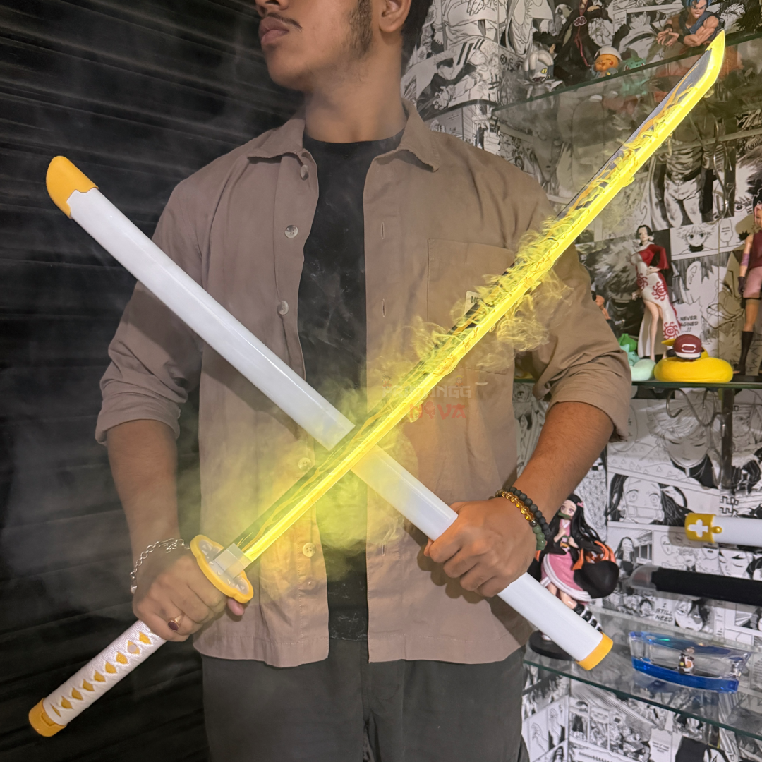 *SMOKE LED* Demon Slayer Zenitsu Agatsuma LED Cosplay Replica Limited Edition Premium Life Size Smoke Led Wooden Katana [104 CM] ||  DEMON SLAYER
