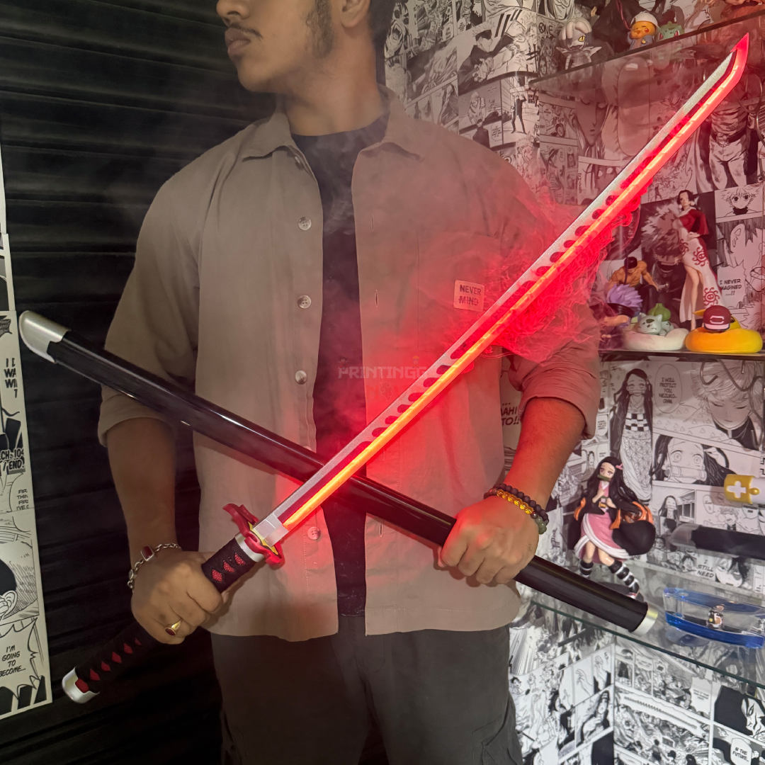*SMOKE LED* Demon Slayer Tanjiro Fire Silver V2 LED Cosplay Replica Limited Edition Premium Life Size Smoke Led Wooden Katana [104 CM] ||  DEMON SLAYER