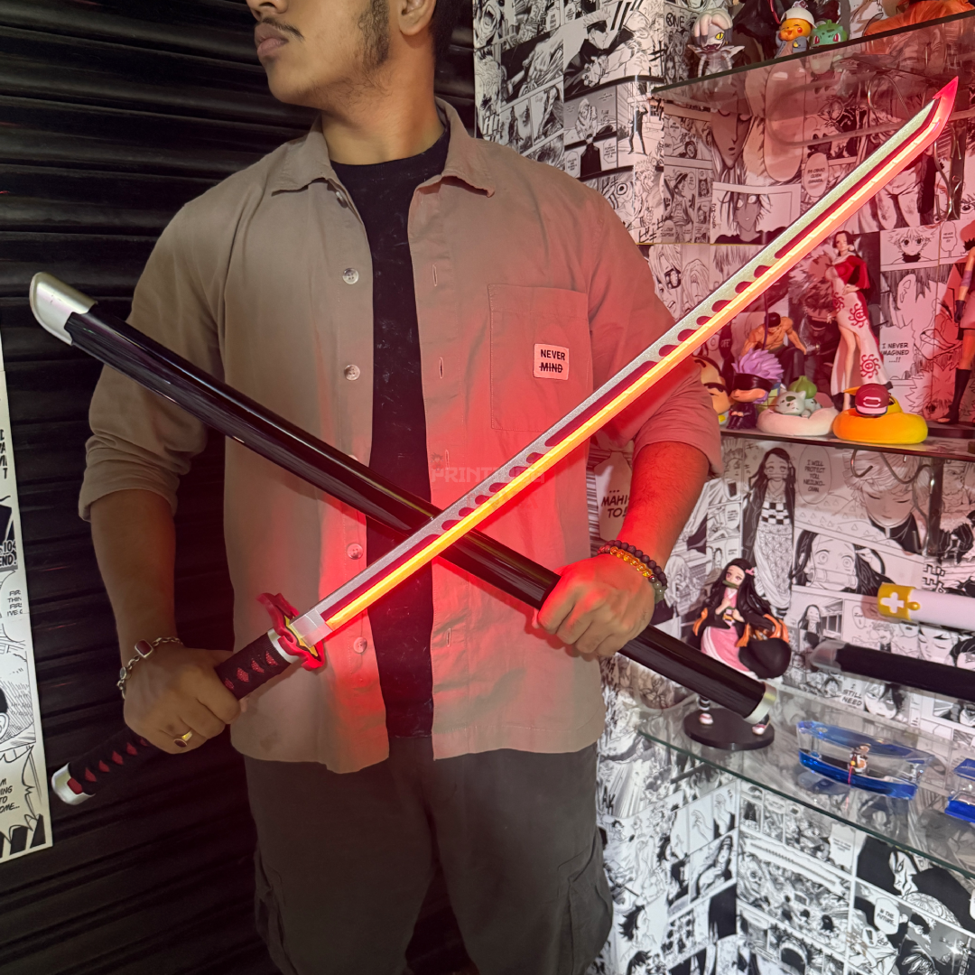 *SMOKE LED* Demon Slayer Tanjiro Fire Silver V2 LED Cosplay Replica Limited Edition Premium Life Size Smoke Led Wooden Katana [104 CM] ||  DEMON SLAYER