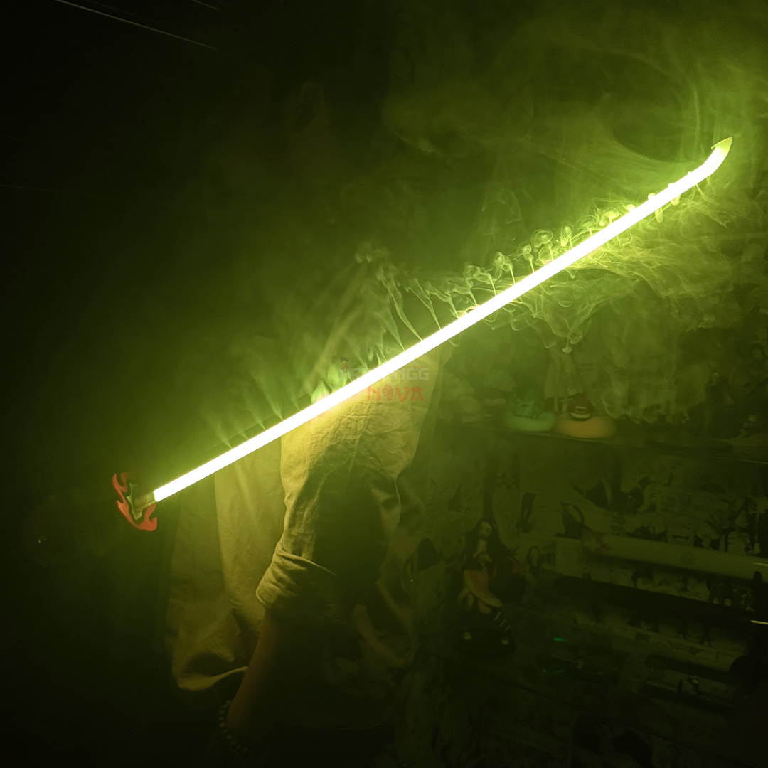 *SMOKE LED* Demon Slayer Tanjiro Fire Silver V2 LED Cosplay Replica Limited Edition Premium Life Size Smoke Led Wooden Katana [104 CM] ||  DEMON SLAYER